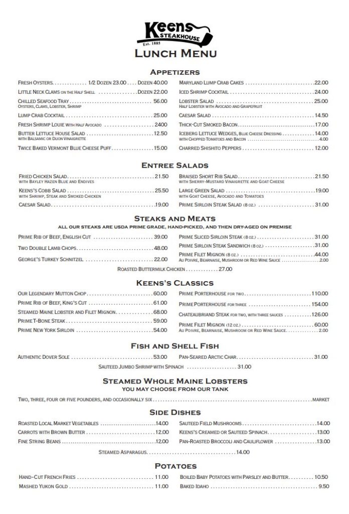 Keens Steakhouse Menu